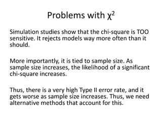 Problems with χ2
Simulation studies show that the chi-square is TOO
sensitive. It rejects models way more often than it
should.
More importantly, it is tied to sample size. As
sample size increases, the likelihood of a significant
chi-square increases.
Thus, there is a very high Type II error rate, and it
gets worse as sample size increases. Thus, we need
alternative methods that account for this.
 