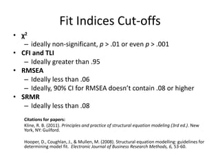 Fit Indices Cut-offs
• χ2
– ideally non-significant, p > .01 or even p > .001
• CFI and TLI
– Ideally greater than .95
• RMSEA
– Ideally less than .06
– Ideally, 90% CI for RMSEA doesn’t contain .08 or higher
• SRMR
– Ideally less than .08
Citations for papers:
Kline, R. B. (2011). Principles and practice of structural equation modeling (3rd ed.). New
York, NY: Guilford.
Hooper, D., Coughlan, J., & Mullen, M. (2008). Structural equation modelling: guidelines for
determining model fit. Electronic Journal of Business Research Methods, 6, 53-60.
 