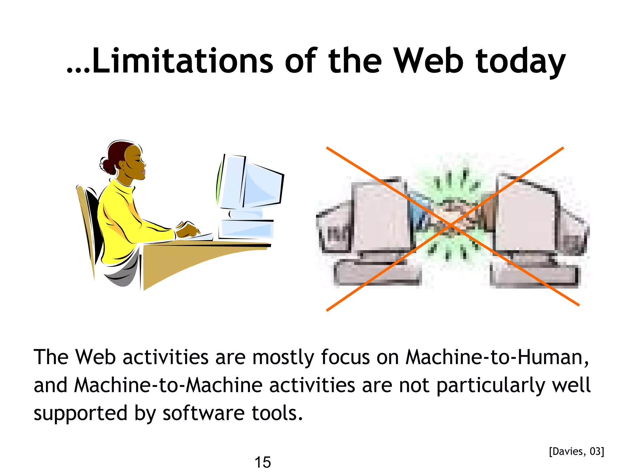 15
…Limitations of the Web today
The Web activities are mostly focus on Machine-to-Human,
and Machine-to-Machine activities are not particularly well
supported by software tools.
[Davies, 03]
 