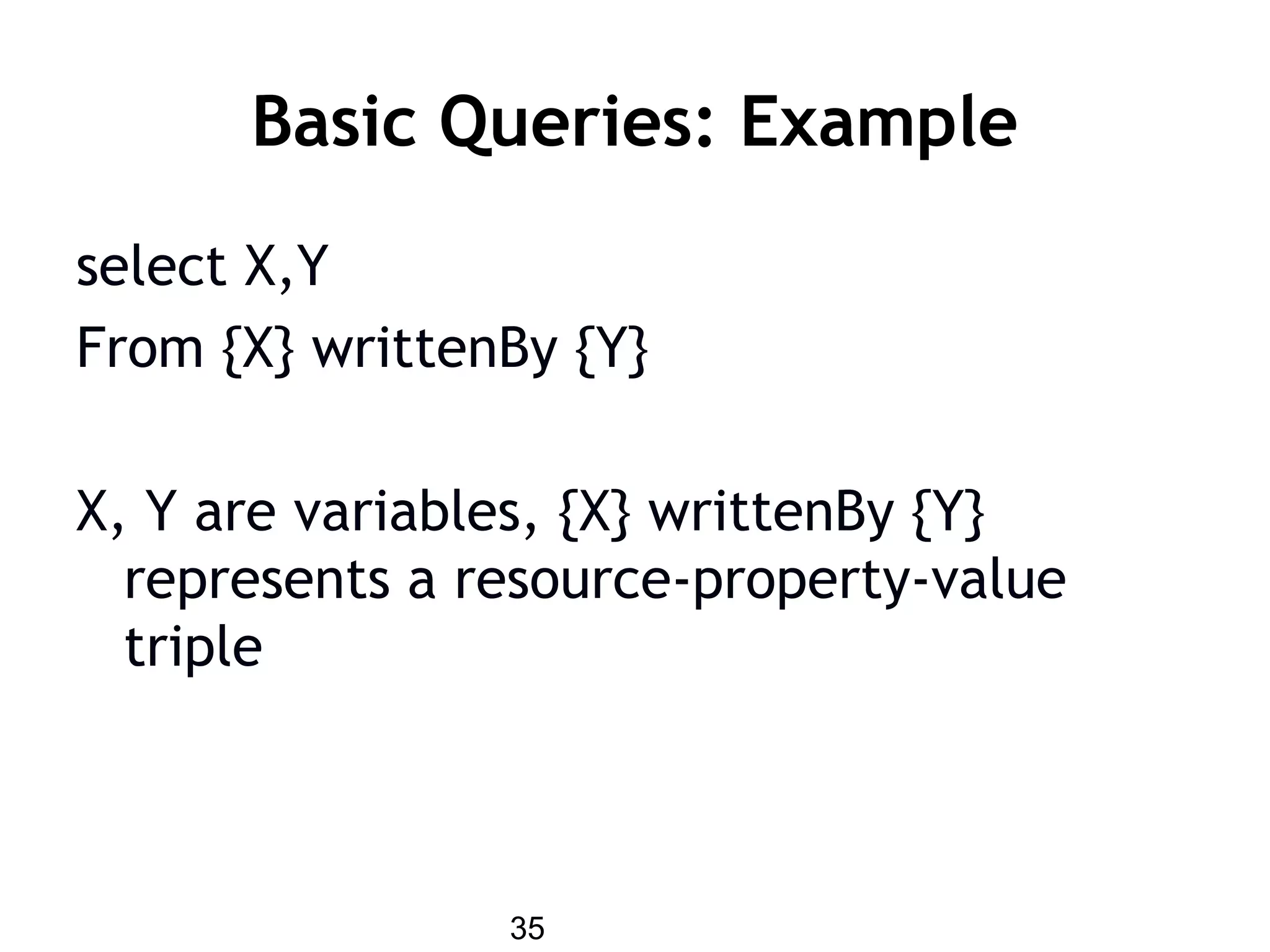35
Basic Queries: Example
select X,Y
From {X} writtenBy {Y}
X, Y are variables, {X} writtenBy {Y}
represents a resource-property-value
triple
 