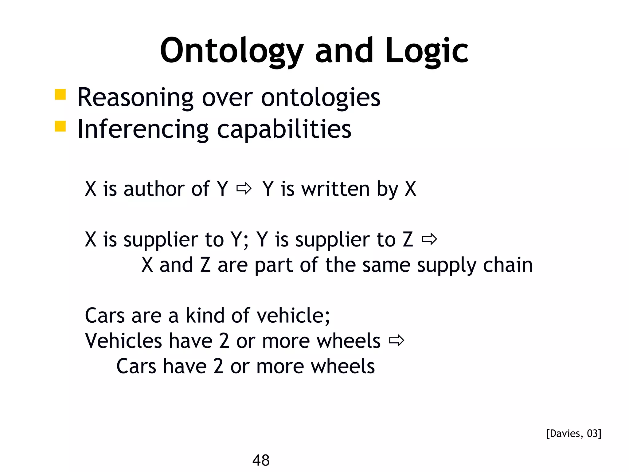 48
Ontology and Logic
 Reasoning over ontologies
 Inferencing capabilities
X is author of Y  Y is written by X
X is supplier to Y; Y is supplier to Z 
X and Z are part of the same supply chain
Cars are a kind of vehicle;
Vehicles have 2 or more wheels 
Cars have 2 or more wheels
[Davies, 03]
 