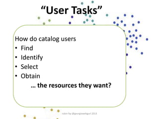 “User Tasks”
How do catalog users
• Find
• Identify
• Select
• Obtain
… the resources they want?
robin fay @georgiawebgurl 2013
 