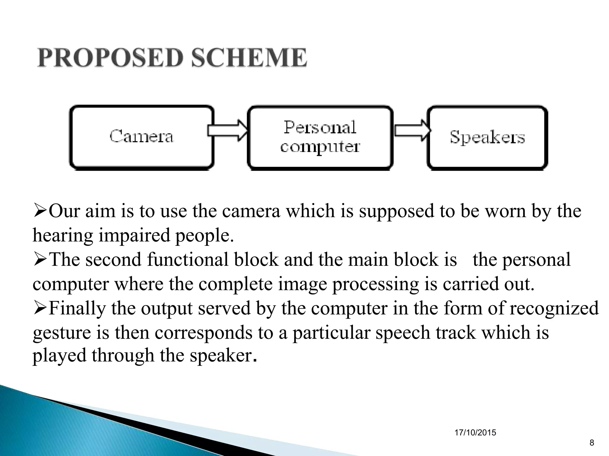 17/10/2015
8
Our aim is to use the camera which is supposed to be worn by the
hearing impaired people.
The second functional block and the main block is the personal
computer where the complete image processing is carried out.
Finally the output served by the computer in the form of recognized
gesture is then corresponds to a particular speech track which is
played through the speaker.
 