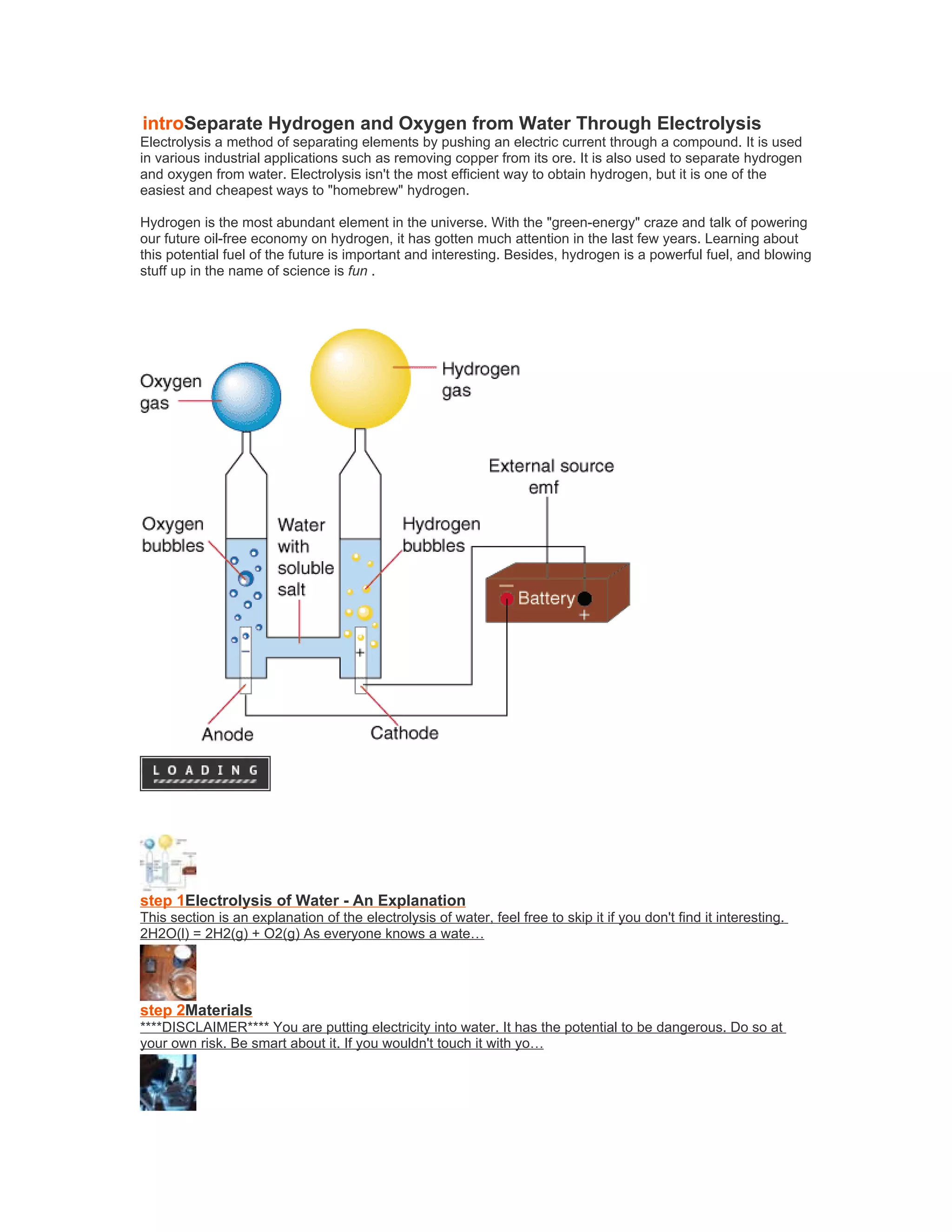 Intro separate hydrogen and oxygen from water through electrolysis | DOC