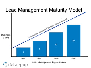 Lead Management Maturity Model Business Value Lead Management Sophistication Increasing Lead Management Capabilities and Business Benefit Level 1 Level 2 Level 3 Level 4 I II III IV 