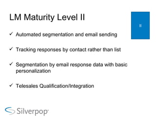LM Maturity Level II Automated segmentation and email sending Tracking responses by contact rather than list Segmentation by email response data with basic personalization Telesales Qualification/Integration II 