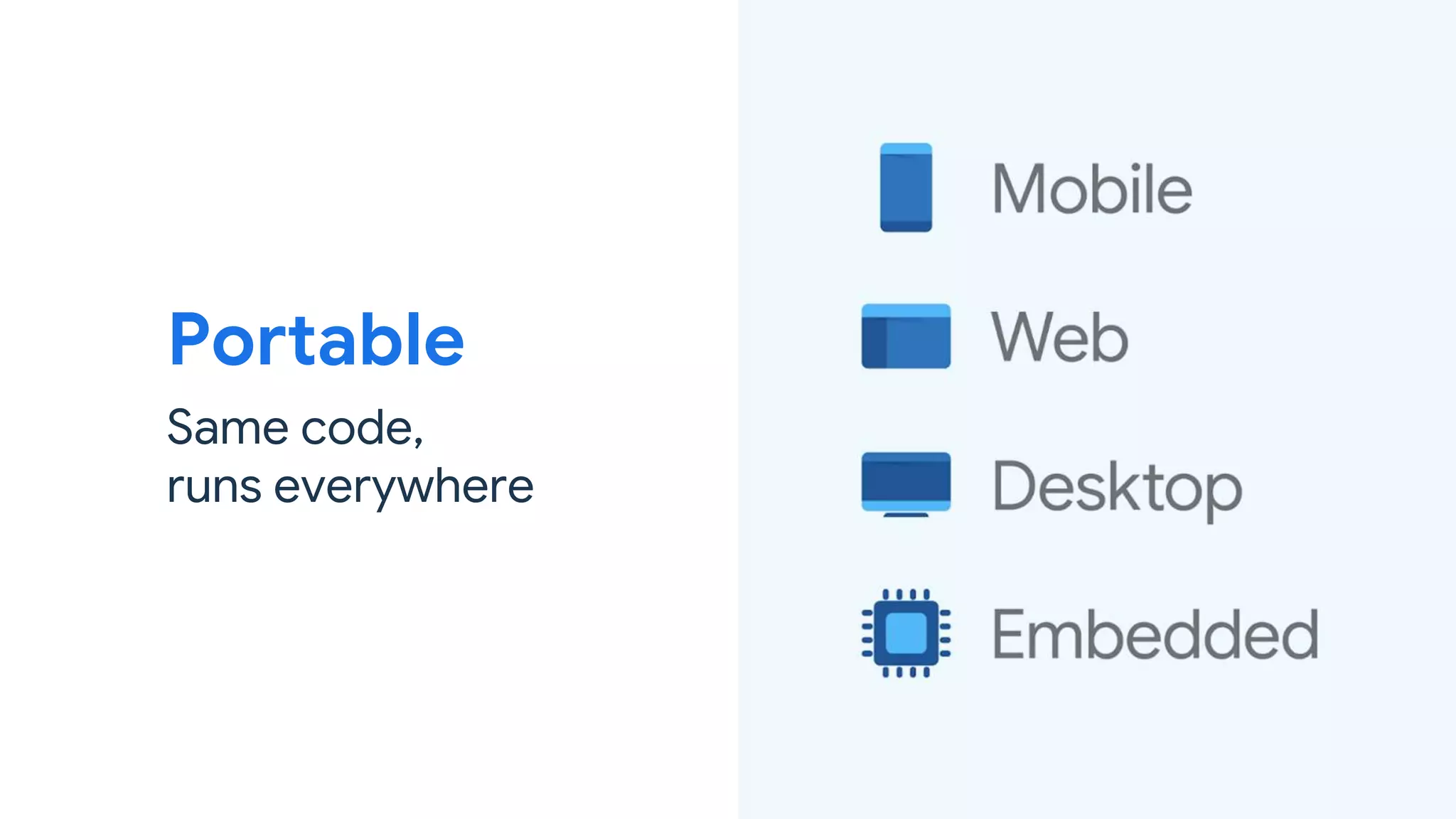 Portable
Same code,
runs everywhere
 