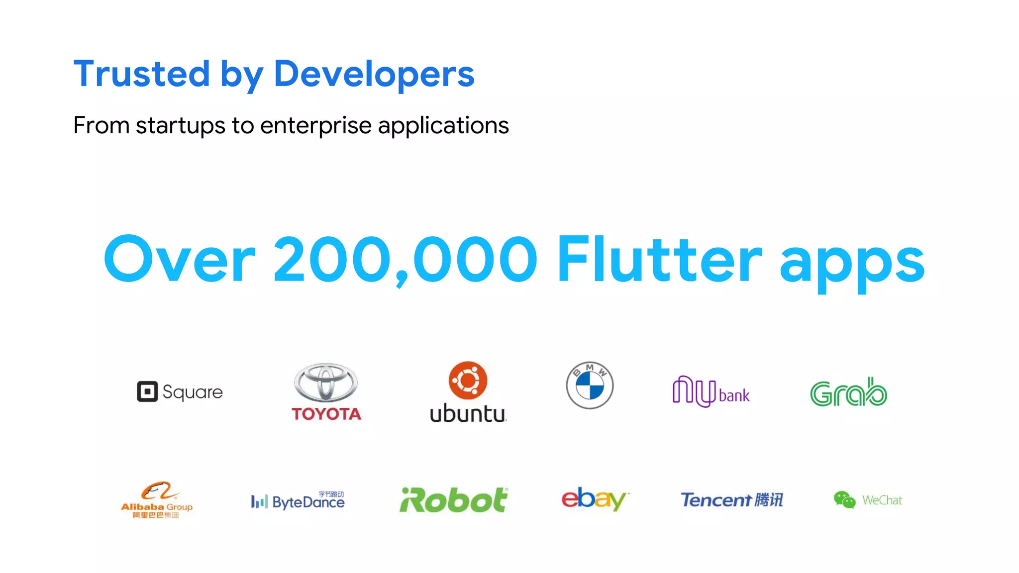 Trusted by Developers
From startups to enterprise applications
Over 200,000 Flutter apps
 
