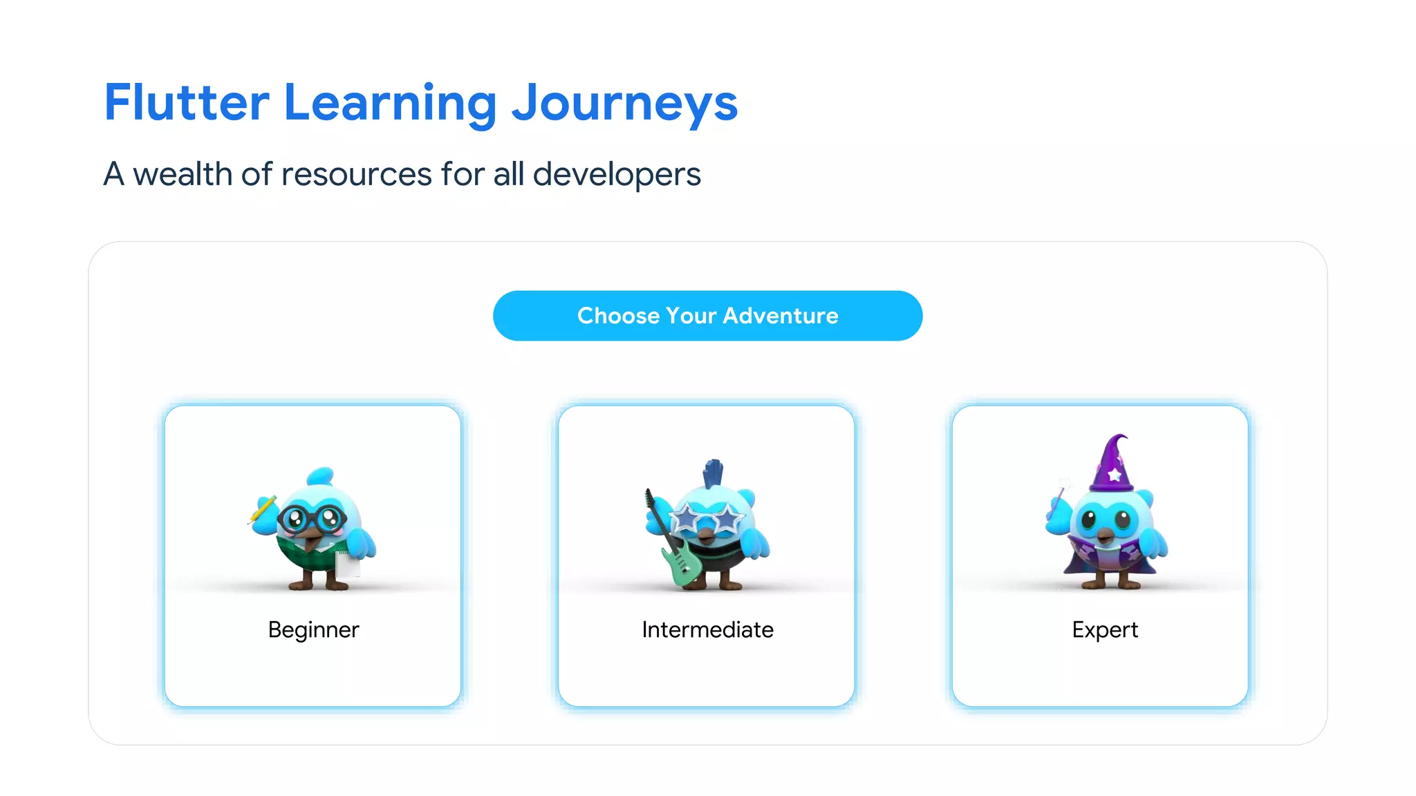 Flutter Learning Journeys
A wealth of resources for all developers
Beginner Intermediate Expert
Choose Your Adventure
 