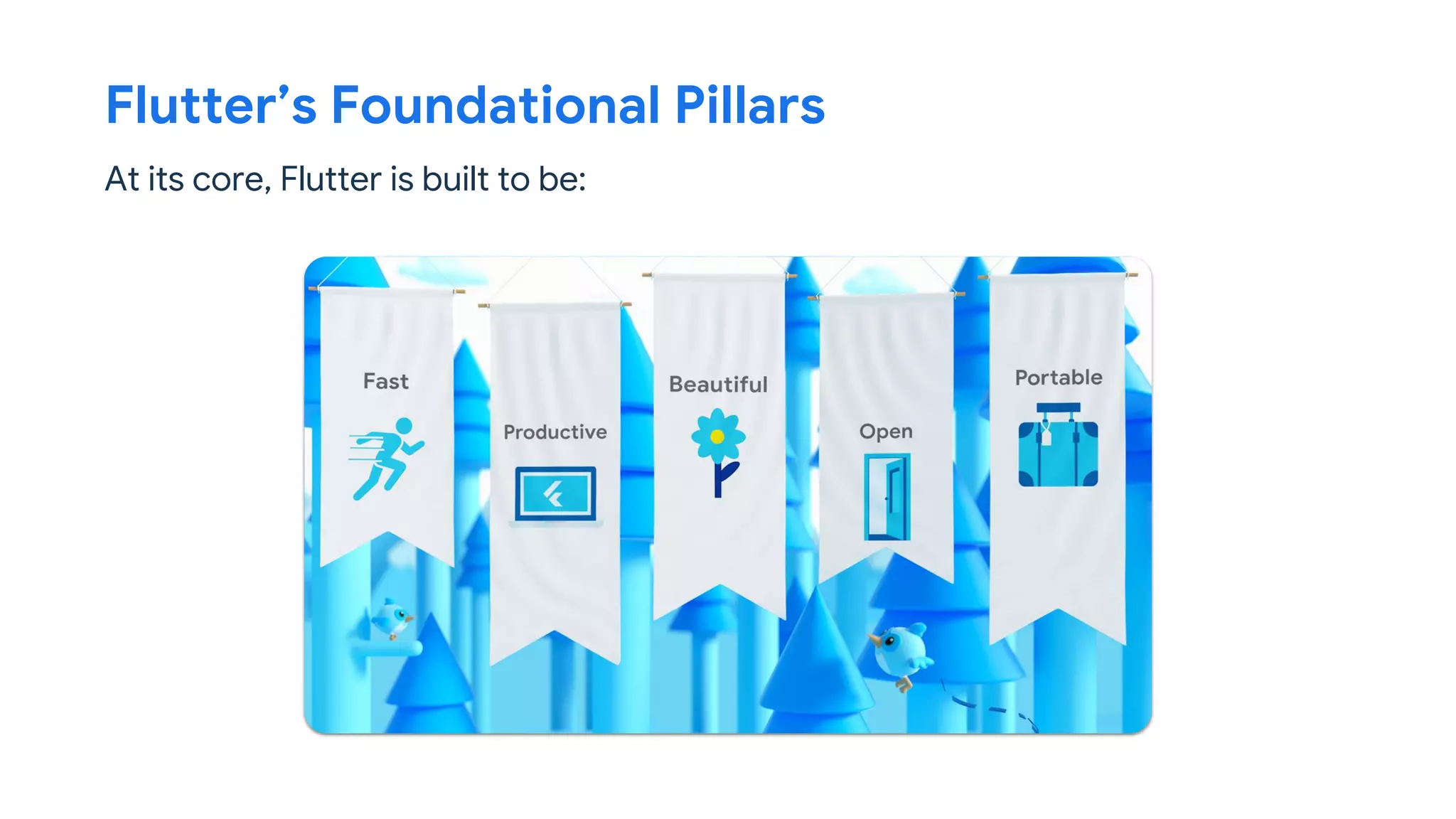 Flutter’s Foundational Pillars
At its core, Flutter is built to be:
 