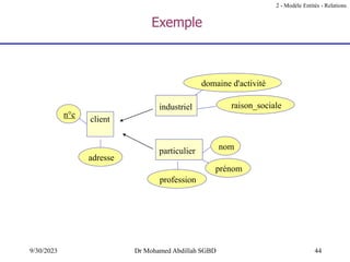 44
9/30/2023 Dr Mohamed Abdillah SGBD
Exemple
2 - Modèle Entités - Relations
nom
n°c
client
raison_sociale
domaine d'activité
prénom
profession
particulier
industriel
adresse
 