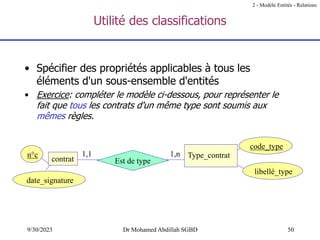 50
9/30/2023 Dr Mohamed Abdillah SGBD
Utilité des classifications
• Spécifier des propriétés applicables à tous les
éléments d'un sous-ensemble d'entités
• Exercice: compléter le modèle ci-dessous, pour représenter le
fait que tous les contrats d'un même type sont soumis aux
mêmes règles.
code_type
libellé_type
n°c
contrat Est de type
1,1 1,n
date_signature
Type_contrat
2 - Modèle Entités - Relations
 