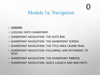 Module 1a: Navigation
• LESSONS
• LOGGING ONTO SHAREPOINT
• SHAREPOINT NAVIGATION: THE SUITE BAR
• SHAREPOINT NAVIGATION: THE SHAREPOINT SCREEN
• SHAREPOINT NAVIGATION: THE TITLE AREA CRUMB TRAIL
• SHAREPOINT NAVIGATION: FOLLOWING AND RETURNING TO
SITES
• SHAREPOINT NAVIGATION: THE SHAREPOINT RIBBONS
• SHAREPOINT NAVIGATION: QUICK LAUNCH AND WEB PARTS
0
 