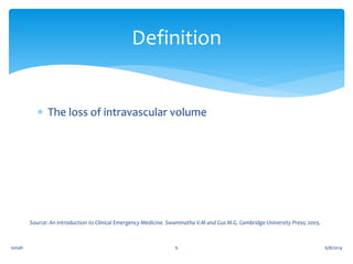  The loss of intravascular volume
Definition
6/8/20146ismah
Source: An Introduction to Clinical Emergency Medicine. Swaminatha V.M and Gus M.G. Cambridge University Press; 2005.
 