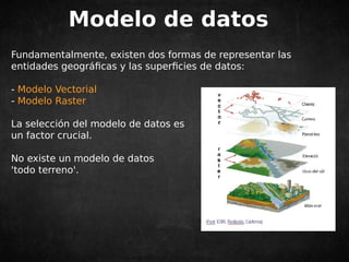 Modelo de datos 
Fundamentalmente, existen dos formas de representar las 
entidades geográficas y las superficies de datos: 
- Modelo Vectorial 
- Modelo Raster 
La selección del modelo de datos es 
un factor crucial. 
No existe un modelo de datos 
'todo terreno'. 
 