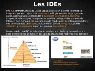 Les IDEs 
Una IDE (Infrastructura de Datos Espaciales) es un sistema informático 
integrado por un conjunto de recursos (catálogo, servidores, programas, 
datos, páginas web...) dedicados a gestionar Información Geográfica 
(mapas, ortofotomapas, imágenes de satélite...) disponibles a través de 
Internet, que cumplen con un conjunto de condiciones de interoperabilidad y 
que permiten que un usuario, utilizando un simple navegador, pueda 
utilizarlos y combinarlos según sus propias necesidades. 
Los nodos de una IDE se estructuran en diversos niveles y tienen diversos 
tipos de relaciones en función del tipo de organismos responsables del nodo. 
www.idee.es 
http://www.geoportal-idec.cat 
http://www.diba.cat/idebarcelona 
 