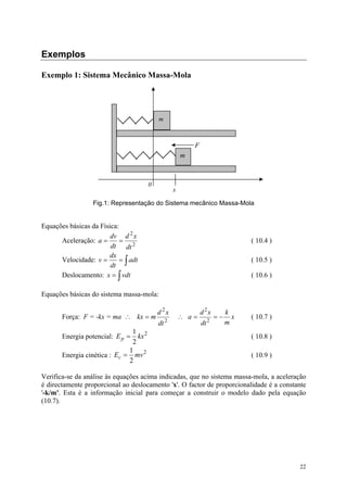 22
Exemplos
Exemplo 1: Sistema Mecânico Massa-Mola
Fig.1: Representação do Sistema mecânico Massa-Mola
Equações básicas da Física:
Aceleração: 2
2
dt
xd
dt
dv
a == ( 10.4 )
Velocidade: ∫== adt
dt
dx
v ( 10.5 )
Deslocamento: ∫= vdtx ( 10.6 )
Equações básicas do sistema massa-mola:
Força: F = -kx = ma ∴ 2
2
dt
xd
mkx = ∴ x
m
k
dt
xd
a −== 2
2
( 10.7 )
Energia potencial: 2
2
1
kxEp = ( 10.8 )
Energia cinética : 2
2
1
mvEc = ( 10.9 )
Verifica-se da análise às equações acima indicadas, que no sistema massa-mola, a aceleração
é directamente proporcional ao deslocamento 'x'. O factor de proporcionalidade é a constante
'-k/m'. Esta é a informação inicial para começar a construir o modelo dado pela equação
(10.7).
x
m
F
m
0
 