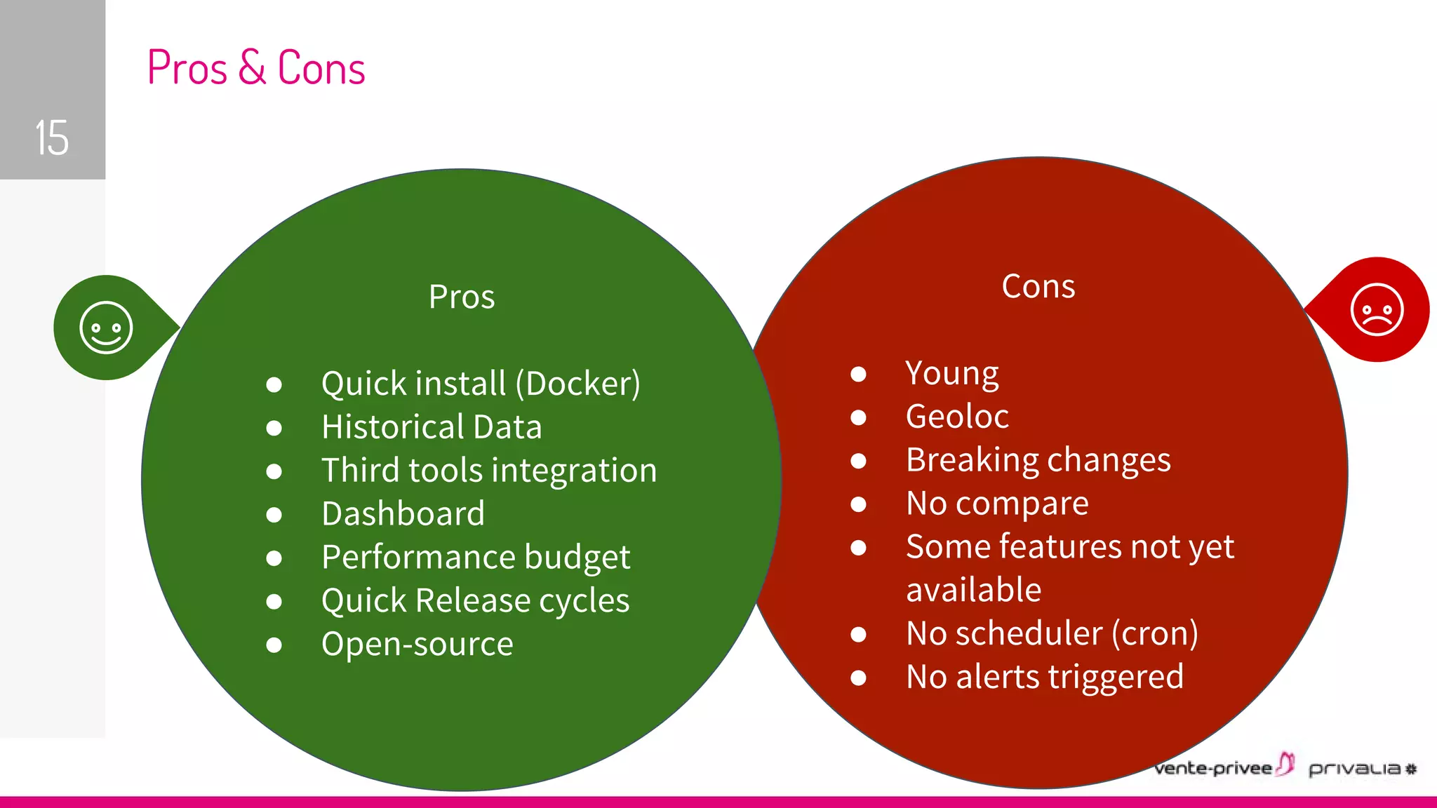 Pros & Cons
15
Cons
● Young
● Geoloc
● Breaking changes
● No compare
● Some features not yet
available
● No scheduler (cron)
● No alerts triggered
Pros
● Quick install (Docker)
● Historical Data
● Third tools integration
● Dashboard
● Performance budget
● Quick Release cycles
● Open-source
 