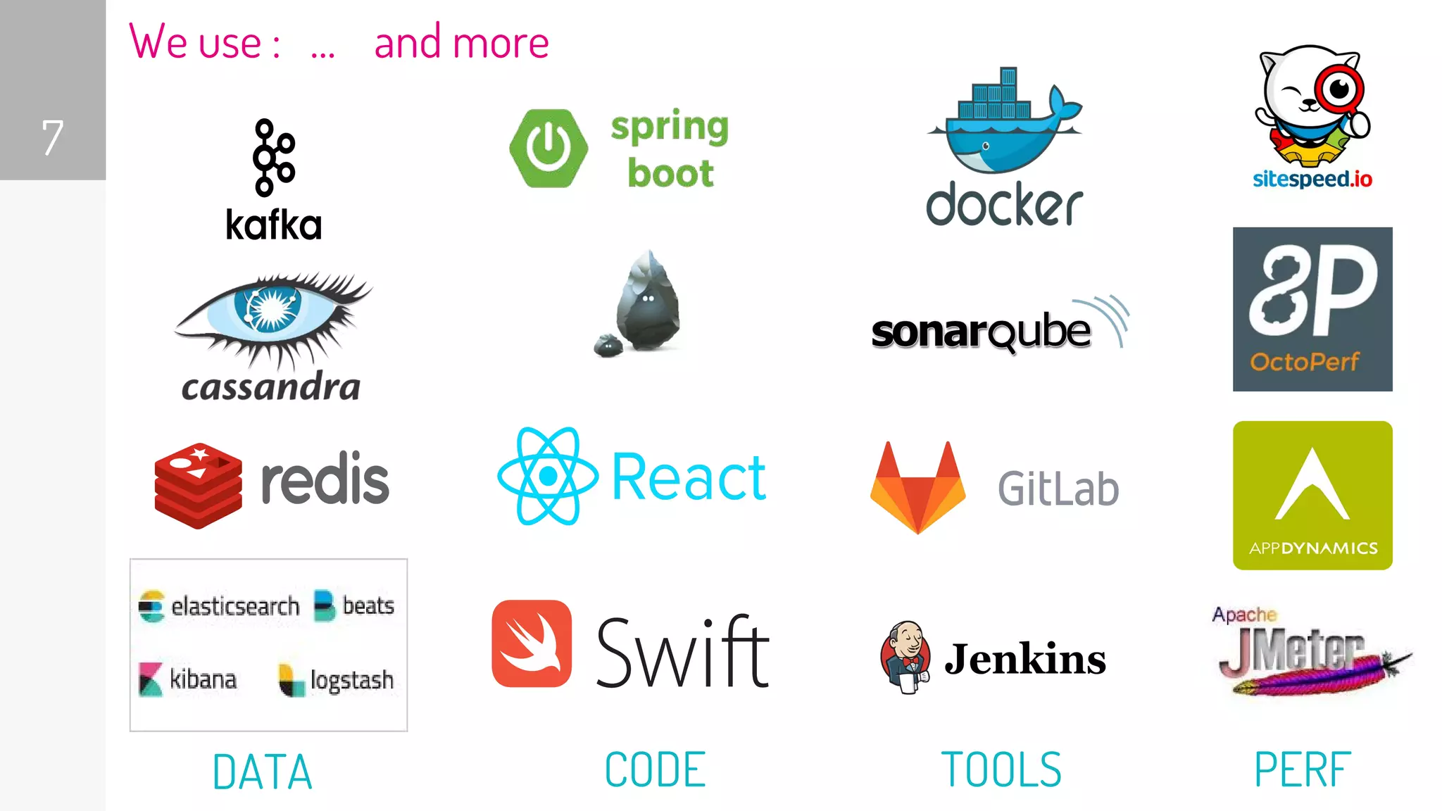 We use : … and more
7
DATA CODE PERFTOOLS
 