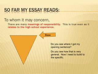 To whom it may concern, There are many  meanings of responsibility .  This is true even as it  relates to the high school experience . Base Do you see where I got my opening sentence? Do you see how that is very general.  Now I need to build to the specific. 