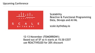 Upcoming Conference
12-13 November (TOMORROW!)
Based out of SF so it starts at 15:30 CEST
use REACTIVEU20 for 20% discount
Scalability
Reactive & Functional Programming
Data, Devops and AI/ML
scale.bythebay.io
 