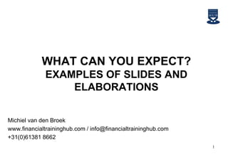 WHAT CAN YOU EXPECT?
EXAMPLES OF SLIDES AND
ELABORATIONS
1
Michiel van den Broek
www.financialtraininghub.com / info@financialtraininghub.com
+31(0)61381 8662
 