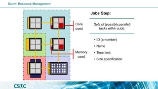 Core
used
Memory
used
Jobs Step:
• ID (a number)
• Name
• Time limit
• Size specification
Sets of (possibly parallel)
tasks within a job.
Slurm: Resource Management
 