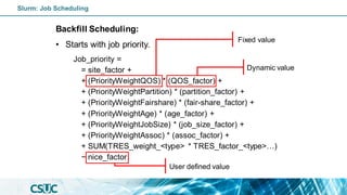 Backfill Scheduling:
• Starts with job priority.
Job_priority =
= site_factor +
+ (PriorityWeightQOS) * (QOS_factor) +
+ (PriorityWeightPartition) * (partition_factor) +
+ (PriorityWeightFairshare) * (fair-share_factor) +
+ (PriorityWeightAge) * (age_factor) +
+ (PriorityWeightJobSize) * (job_size_factor) +
+ (PriorityWeightAssoc) * (assoc_factor) +
+ SUM(TRES_weight_<type> * TRES_factor_<type>…)
− nice_factor
Fixed value
Dynamic value
User defined value
Slurm: Job Scheduling
 