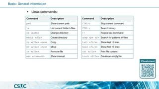 Basic: General information
• Linux commands:
Command Description
pwd Show current path
ls List current folder’s files
cd <path> Change directory
mkdir <dir> Create directory
cp <file> <new> Copy
mv <file> <new> Move
rm <file> Remove file
man <command> Show manual
Command Description
CTRL-c Stop current command
CTRL-r Search history
!! Repeatlast command
grep <p> <f> Search for patterns in files
tail <file> Show last 10 lines
head <file> Show first 10 lines
cat <file> Print file content
touch <file> Create an empty file
Cheatsheet
 