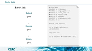 Batch job: #!/bin/bash
#SBATCH -J <job_name>
#SBATCH -o output_file.out
#SBATCH -e error_file.err
#SBATCH -p <partition>
#SBATCH -n <#tasks>
#SBATCH -c <#cpus_per_task>
#SBATCH -t 60
module load <module>
cp -r <input> ${SCRATCH}
cd ${SCRATCH}
<application>
cp -r <output> ${SLURM_SUBMIT_DIR}
Submit
Execute
Obtain
jobA
jobA
jobA
Basic: Jobs
 