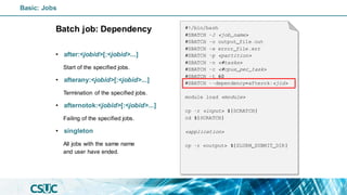 Batch job: Dependency
• after:<jobid>[:<jobid>...]
Start of the specified jobs.
• afterany:<jobid>[:<jobid>...]
Termination of the specified jobs.
• afternotok:<jobid>[:<jobid>...]
Failing of the specified jobs.
• singleton
All jobs with the same name
and user have ended.
#!/bin/bash
#SBATCH -J <job_name>
#SBATCH -o output_file.out
#SBATCH -e error_file.err
#SBATCH -p <partition>
#SBATCH -n <#tasks>
#SBATCH -c <#cpus_per_task>
#SBATCH -t 60
#SBATCH --dependency=afterok:<jid>
module load <module>
cp -r <input> ${SCRATCH}
cd ${SCRATCH}
<application>
cp -r <output> ${SLURM_SUBMIT_DIR}
Basic: Jobs
 