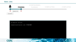 Submitted batch job 1720189
$ sbatch <file>
Basic: Jobs
PENDING
(CONFIGURING)
RUNNING COMPLETING COMPLETED
sinfo
sbatch
 