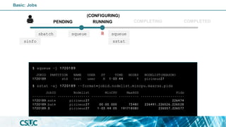 JOBID PARTITION NAME USER ST TIME NODES NODELIST(REASON)
1720189 std test user R 1-03:44 1 pirineus27
$ squeue –j 1720189
$ sstat –aj 1720189 --format=jobid,nodelist,mincpu,maxrss,pids
JobID Nodelist MinCPU MaxRSS Pids
------------ ---------------- ------------- ---------- ----------------------
1720189.ext+ pirineus27 226474
1720189.bat+ pirineus27 00:00.000 7348K 226491,226526,226528
1720189.0 pirineus27 1-03:44:05 19171808K 226557,226577
Basic: Jobs
PENDING
(CONFIGURING)
RUNNING COMPLETING COMPLETED
sinfo
squeue
sstat
squeue
sbatch
 