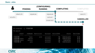 CANCELLED
$ scancel –j 1720189
JobID JobName Partition Account AllocCPUS State ExitCode
------------ ---------- ---------- ---------- ---------- ------------ --------
1720189 test std account 16 CANCELLED+ 0:0
1720189.bat+ batch account 16 CANCELLED+ 0:0
1720189.ext+ extern account 16 COMPLETED 0:0
1720189.0 pre account 16 CANCELLED+ 0:0
$ sacct
Basic: Jobs
PENDING
(CONFIGURING)
RUNNING COMPLETING COMPLETED
sacct
sinfo
squeue
sstat
squeue
sbatch
scancel
 