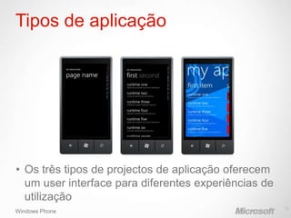 Tipos de aplicação




• Os três tipos de projectos de aplicação oferecem
  um user interface para diferentes experiências de
  utilização
                                                      12
Windows Phone
 