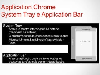 Application Chrome
System Tray e Application Bar
System Tray
   Àrea que mostra informações do sistema
   (reservada ao sistema)
   O programador pode esconder esta na sua app:
   Microsoft.Phone.Shell.SystemTray.IsVisible =
   false;



Application Bar
   Àrea da aplicação onde estão os botões de
   acesso às tarefas mais comuns da aplicação
 