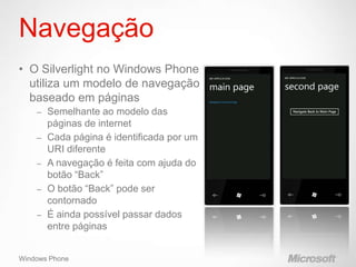 Navegação
• O Silverlight no Windows Phone
  utiliza um modelo de navegação
  baseado em páginas
    –   Semelhante ao modelo das
        páginas de internet
    –   Cada página é identificada por um
        URI diferente
    –   A navegação é feita com ajuda do
        botão “Back”
    –   O botão “Back” pode ser
        contornado
    –   É ainda possível passar dados
        entre páginas


Windows Phone
 