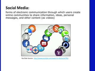 Social Media:
forms of electronic communication through which users create
online communities to share information, ideas, personal
messages, and other content (as videos)




            YouTube Source: http://www.youtube.com/watch?v=0eUeL3n7fDs
 