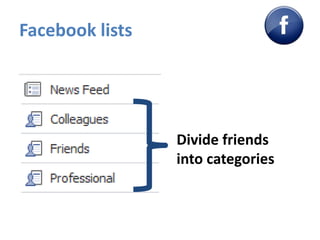 Facebook lists<br />Divide friends into categories<br />