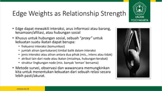 Edge Weights as Relationship Strength
• Edge dapat mewakili interaksi, arus informasi atau barang,
kesamaan/afiliasi, atau...