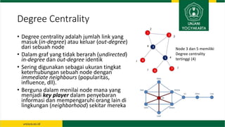 Degree Centrality
• Degree centrality adalah jumlah link yang
masuk (in-degree) atau keluar (out-degree)
dari sebuah node
...