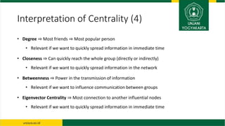 Interpretation of Centrality (4)
• Degree ⇒ Most friends ⇒ Most popular person
• Relevant if we want to quickly spread inf...