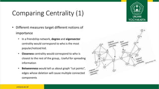 Comparing Centrality (1)
• Different measures target different notions of
importance
• In a friendship network, degree and...