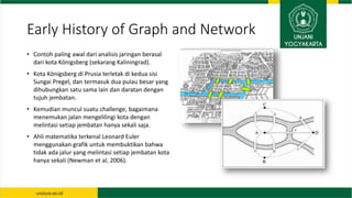 Early History of Graph and Network
• Contoh paling awal dari analisis jaringan berasal
dari kota Königsberg (sekarang Kali...