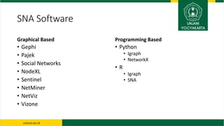 SNA Software
Graphical Based
• Gephi
• Pajek
• Social Networks
• NodeXL
• Sentinel
• NetMiner
• NetViz
• Vizone
Programmin...