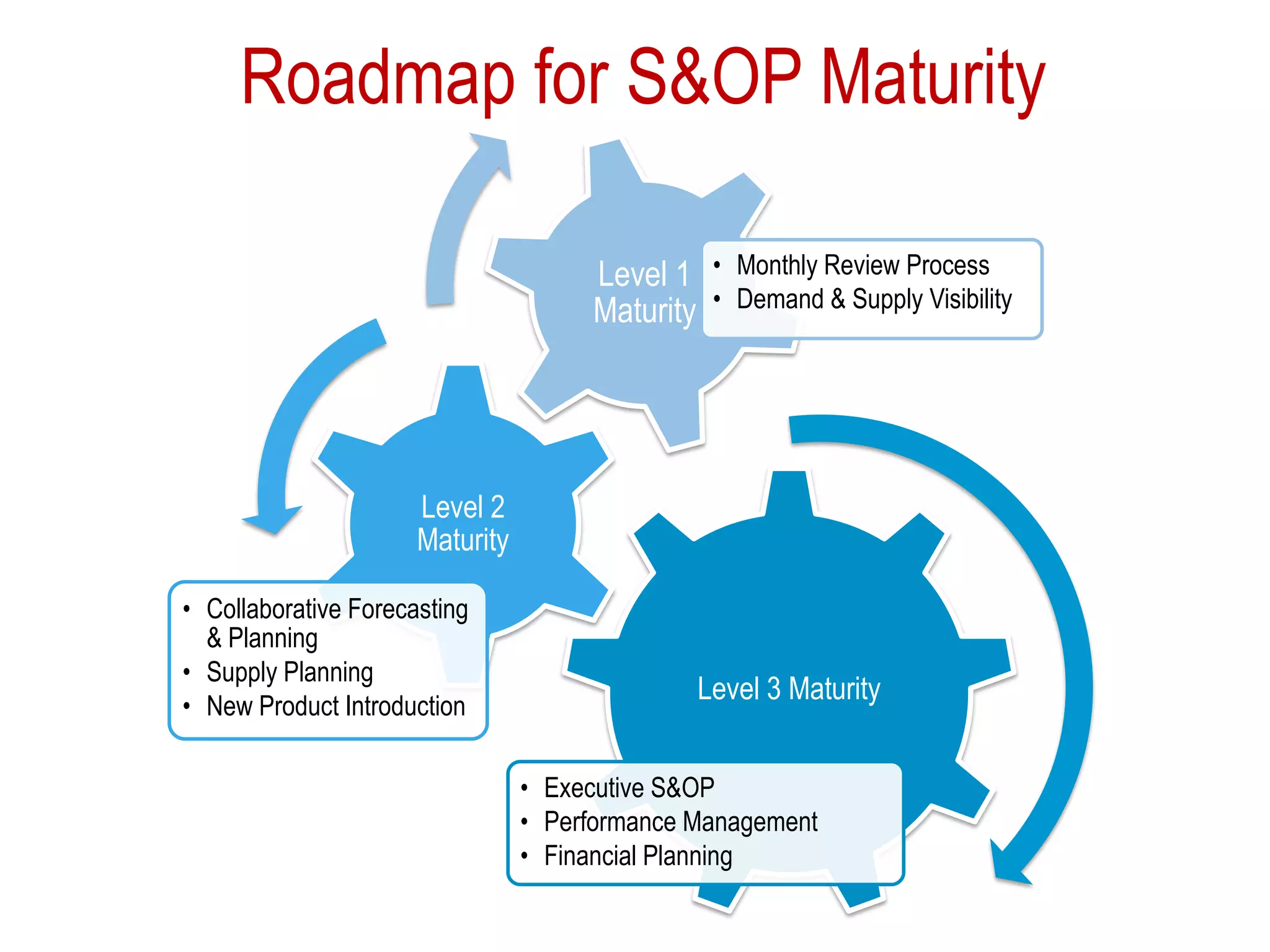 Roadmap for S&OP Maturity
Level 3 Maturity
• Executive S&OP
• Performance Management
• Financial Planning
Level 2
Maturity
• Collaborative Forecasting
& Planning
• Supply Planning
• New Product Introduction
Level 1
Maturity
• Monthly Review Process
• Demand & Supply Visibility
 