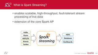 © 2014 MapR Technologies 122
Streaming Architecture
• Divide data stream into batches of X seconds
• Process each batch of data as an RDDs using RDD transformations,
which create new RDDs
• processed results are pushed out in batches
Spark
Engine
Spark
Streaming
input data
stream
DStream RDD batches
batches of
processed data
data from
time 0 to 1
RDD @ time 1
data from
time 1 to 2
RDD @ time 2
data from
time 2 to 3
RDD @ time 3
 