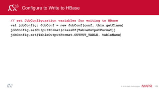© 2014 MapR Technologies 128
Function to convert Sensor data to HBase Put object (row)
// Convert a row of sensor object data to an HBase put object
def convertToPut(sensor: Sensor): (ImmutableBytesWritable, Put) = {
val dateTime = sensor.date + " " + sensor.time
// create a composite row key: sensorid_date time
val rowkey = sensor.resid + "_" + dateTime
val put = new Put(Bytes.toBytes(rowkey))
// add to column family data, column data values to put object
put.add(cfDataBytes, Bytes.toBytes("hz"), Bytes.toBytes(sensor.hz))
put.add(cfDataBytes, Bytes.toBytes("disp"), Bytes.toBytes(sensor.disp))
put.add(cfDataBytes, Bytes.toBytes("flo"), Bytes.toBytes(sensor.flo))
put.add(cfDataBytes, Bytes.toBytes("sedPPM"), Bytes.toBytes(sensor.sedPPM))
put.add(cfDataBytes, Bytes.toBytes("psi"), Bytes.toBytes(sensor.psi))
put.add(cfDataBytes, Bytes.toBytes("chlPPM"), Bytes.toBytes(sensor.chlPPM))
return (new ImmutableBytesWritable(Bytes.toBytes(rowkey)), put)
}
Row key
CF data
hz … psi
COHUTTA_3/10/14_1:01 10.37 84
 