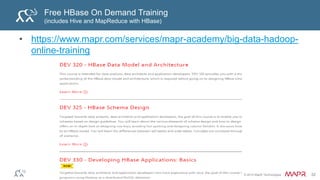© 2014 MapR Technologies 32
Free HBase On Demand Training
(includes Hive and MapReduce with HBase)
• https://www.mapr.com/services/mapr-academy/big-data-hadoop-
online-training
 