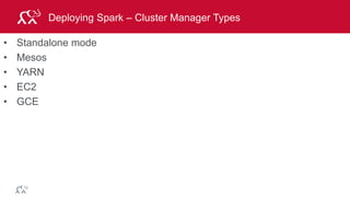 © 2014 MapR Technologies 65
Deploying Spark – Cluster Manager Types
• Standalone mode
• Mesos
• YARN
• EC2
• GCE
 